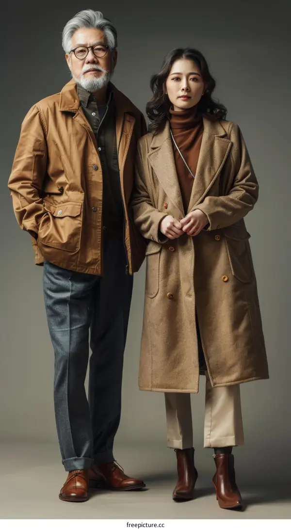 Studio portrait of an Asian father and daughter wearing brown coats