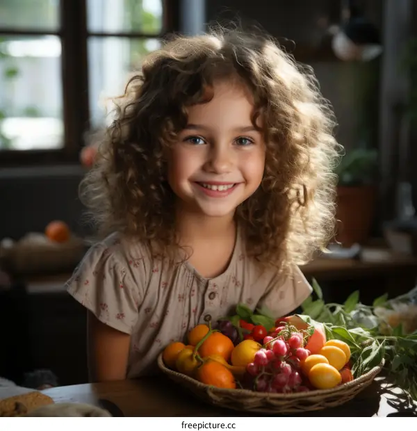 Portrait of a happy little girl with curly hair sitting at a table with a basket of fruit