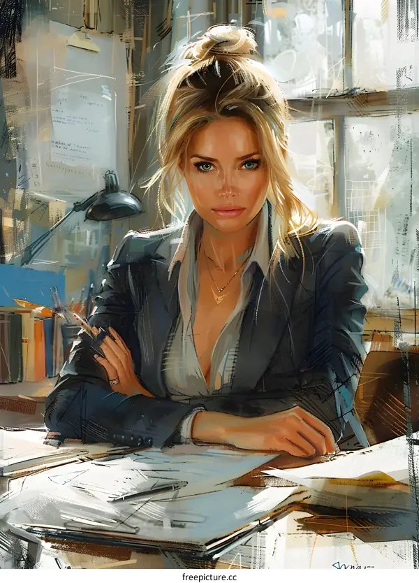 A beautiful blonde woman in a suit is sitting at a desk in an office.