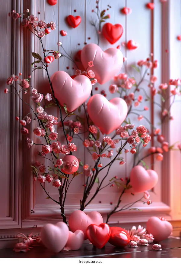 Romantic Pink Hearts Decorated with Flowers