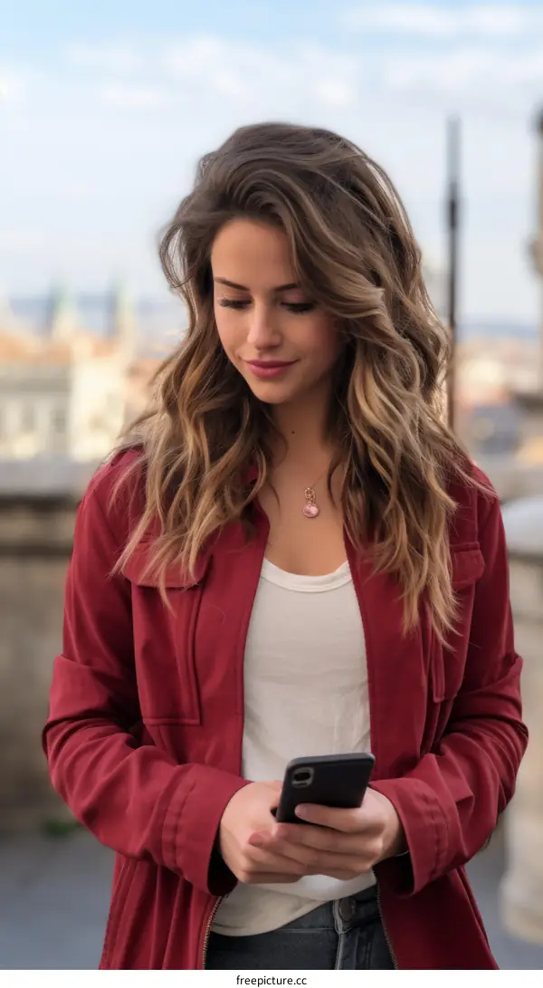 Young woman in red jacket using phone