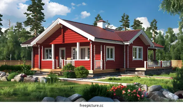 Red Wooden House With White Trim And Porch In Front Of A Green Forest