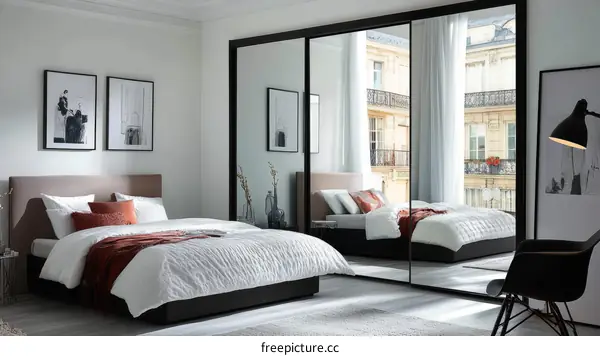 Modern Bedroom with Mirrored Sliding Wardrobe