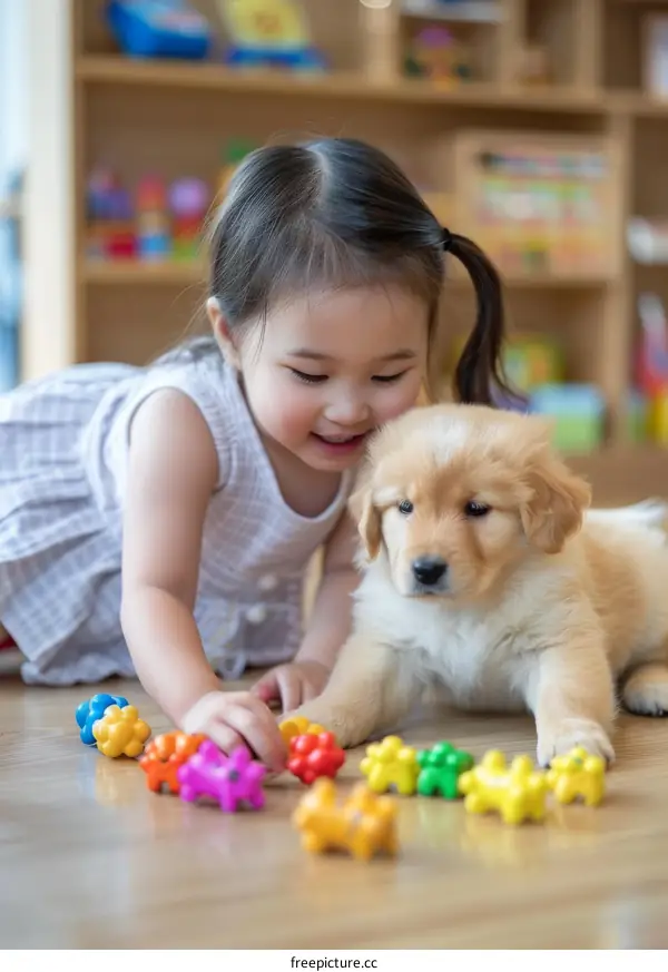 Asian toddler girl playing with a golden retriever puppy