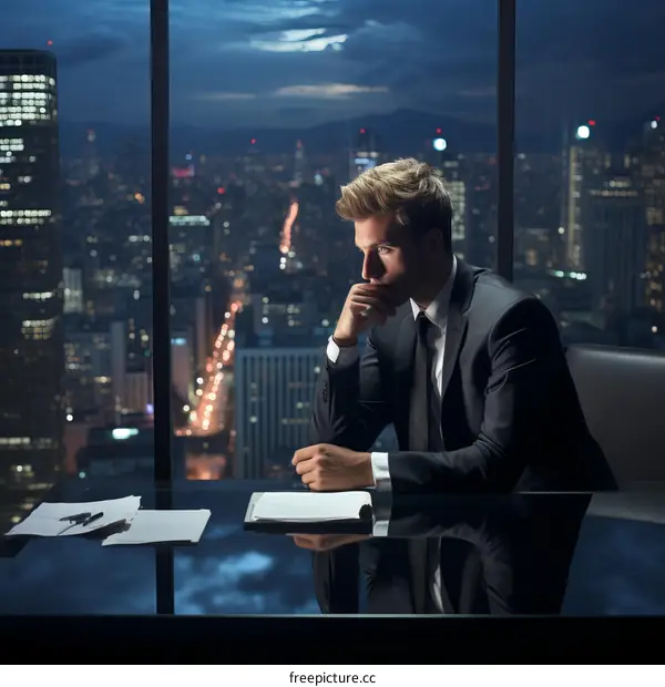 pensive young businessman looking out at the city at night
