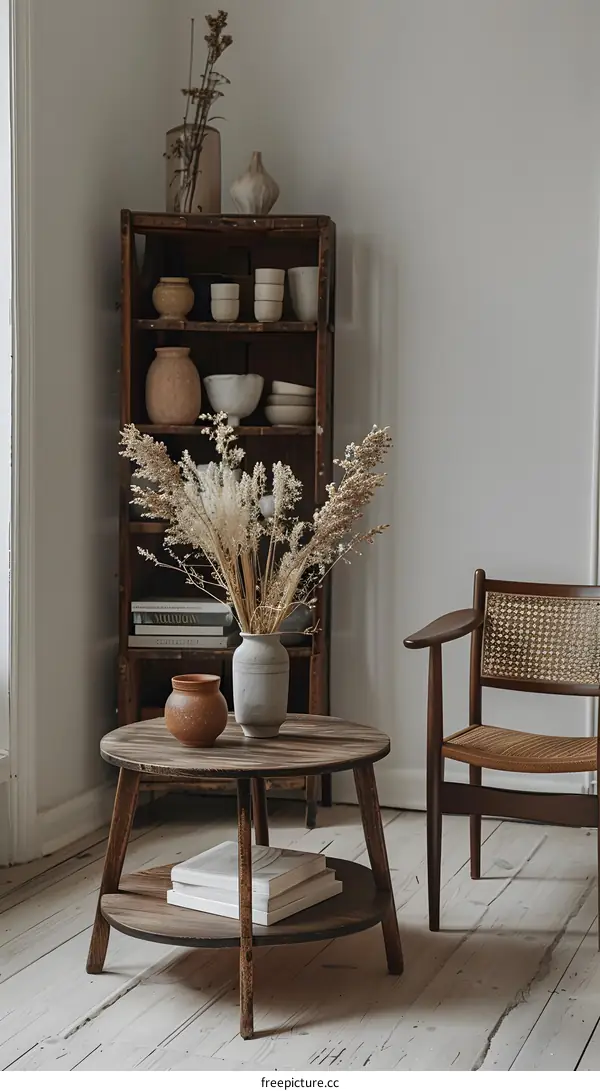 Minimalist Home Decor with Dried Flowers in a Vase and Wooden Coffee Table