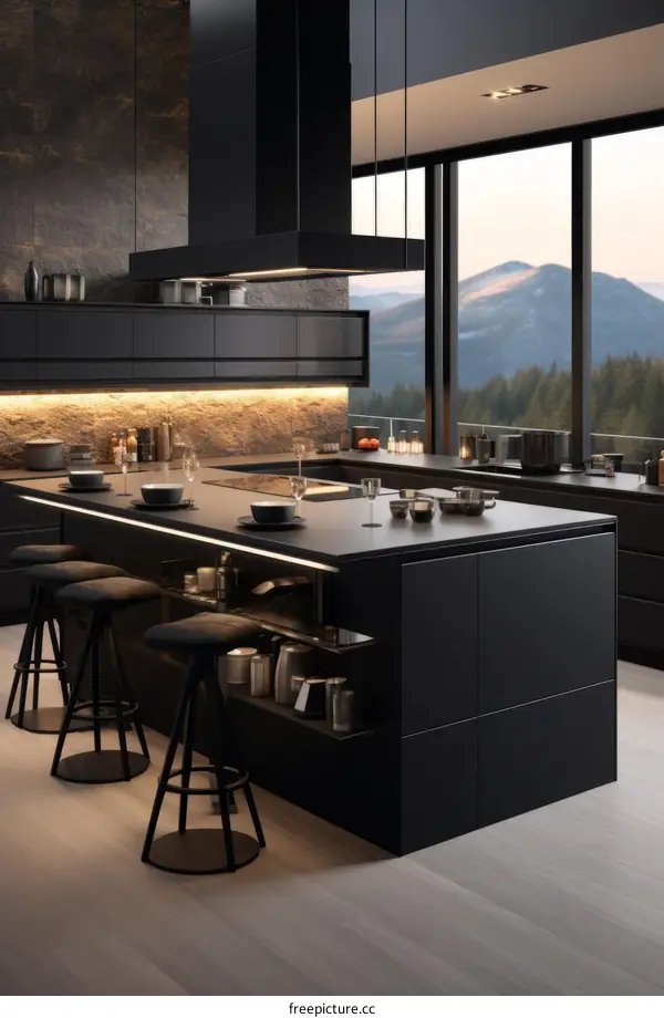 Black kitchen with a large island and a view of the mountains
