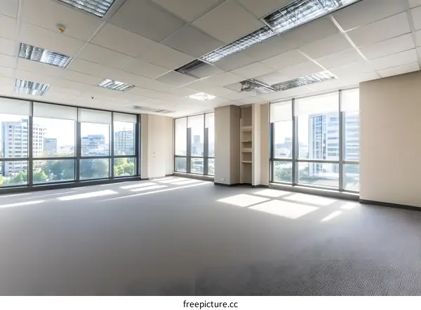 Empty Modern Office Space with Large Windows and City View