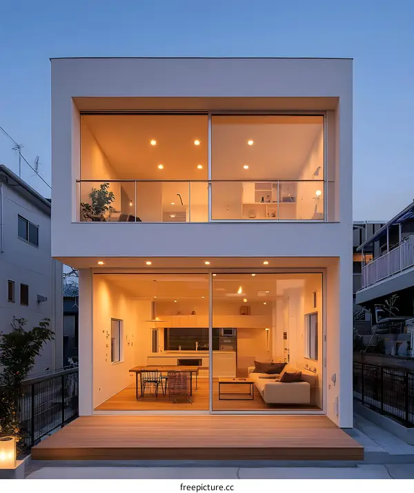 Modern Minimalist White Two Storey House with Wooden Deck and Large Glass Windows