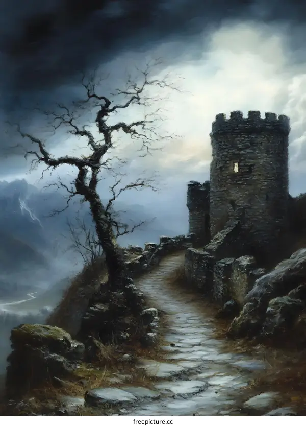 Old Stone Tower in a Misty Landscape