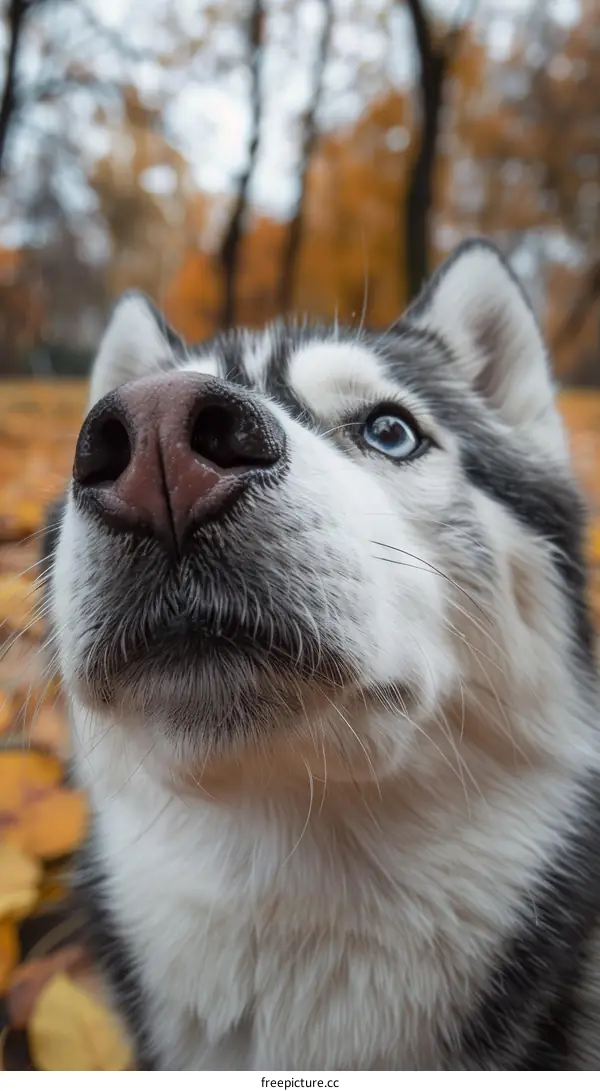 Blue-Eyed Siberian Husky Dog Looks Up