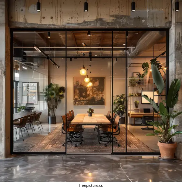 Modern office interior with glass walls and wooden conference table