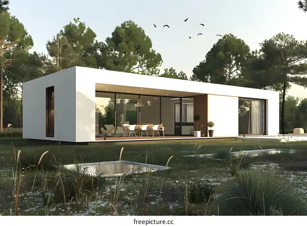 Modern Minimalist House with Large Windows and Surrounding Green Grass