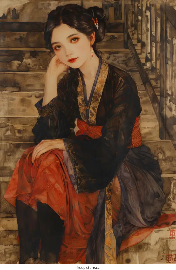 Thoughtful Woman in Hanfu on Stairs