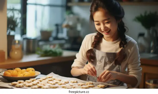 A young woman is making cookies in the kitchen.