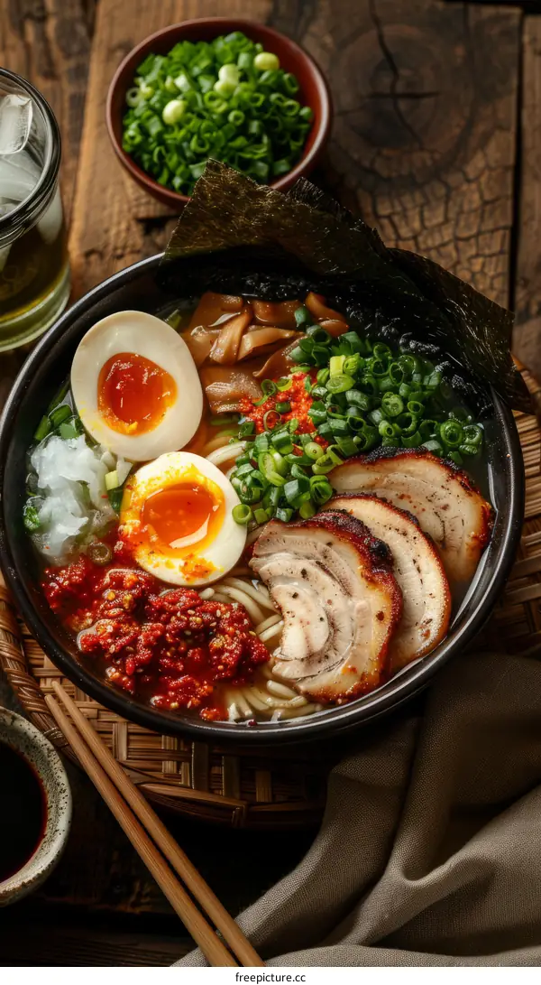 A delicious bowl of ramen with pork, eggs, and vegetables
