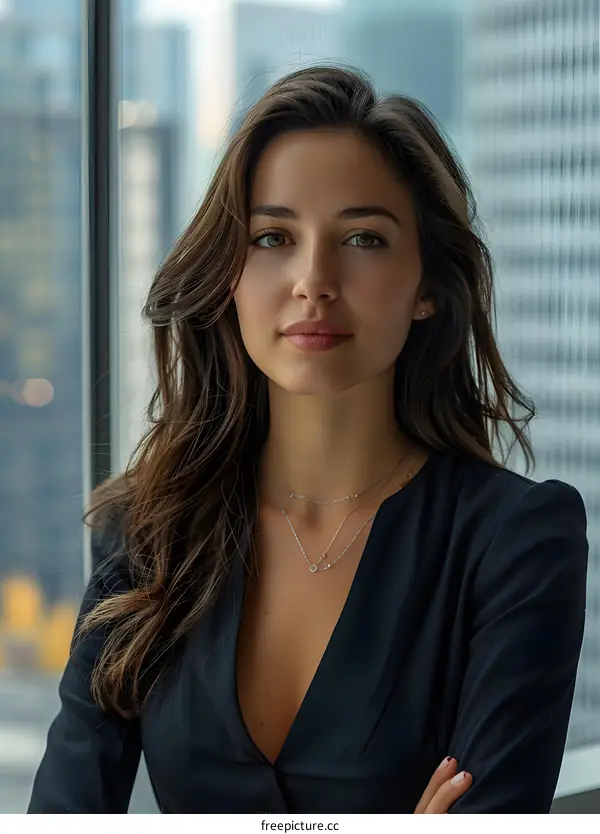 A young businesswoman is standing in front of the floor-to-ceiling windows of her office, gazing at the skyscrapers in the distance