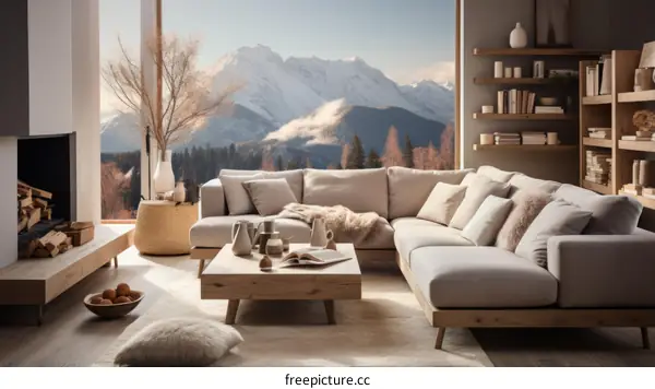 Modern Living Room with Expansive Windows and Serene Mountain Views