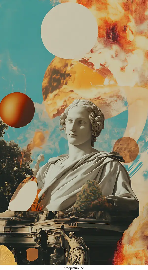 Abstract Collage Art with Statue and Planets