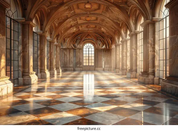 Ornate Marble Hallway with Arched Windows