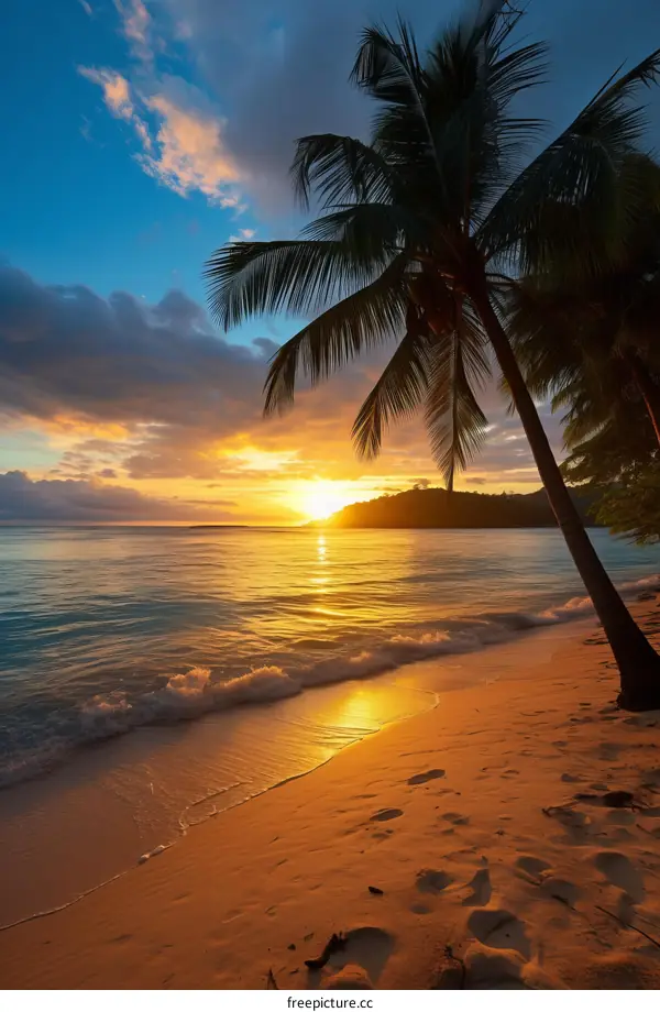 Beach sunset with palm trees