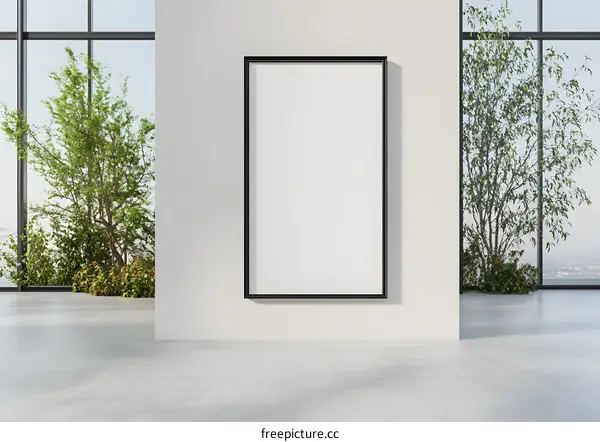 Empty Canvas Frame in a Minimalist Room with Large Windows and Greenery
