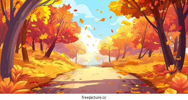 Autumn Forest Path with Falling Leaves Illustration