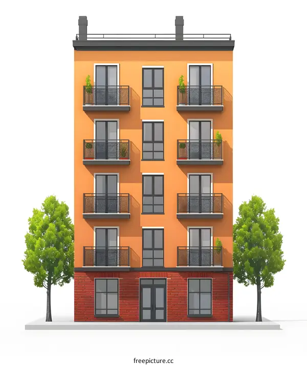 Orange Brick Apartment Building with Balconies and Trees