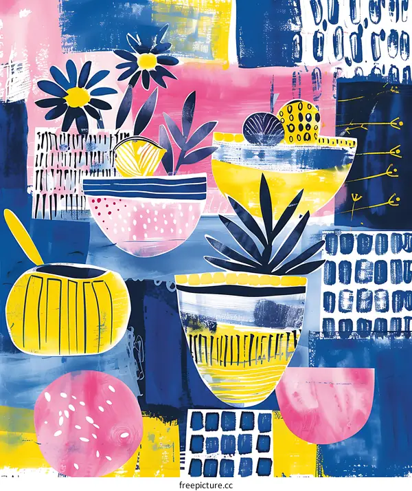 Abstract Watercolor Painting With Plants and Pots