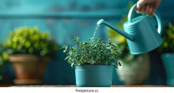 A woman watering a potted plant with a watering can