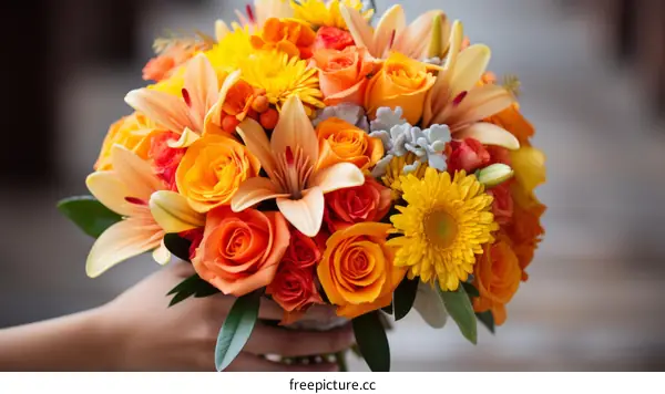 A hand holding a bouquet of orange lilies, roses, and yellow daisies.