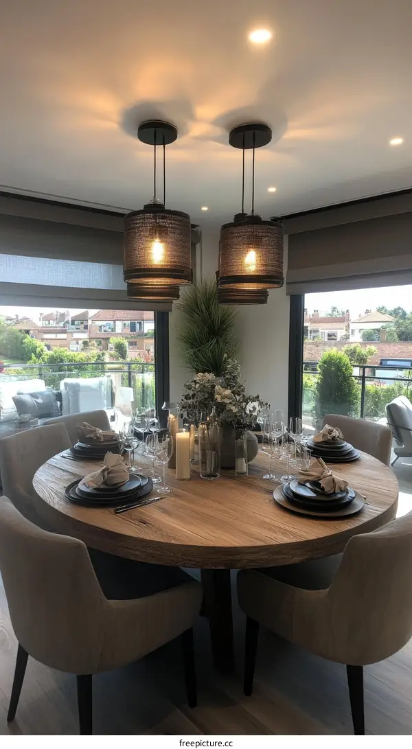 Modern Dining Room with Round Wood Table and Pendant Lights
