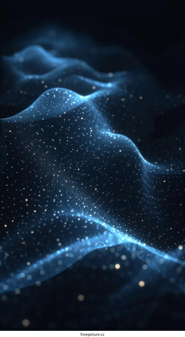 Blue Wavy Digital Landscape with Glowing Particles