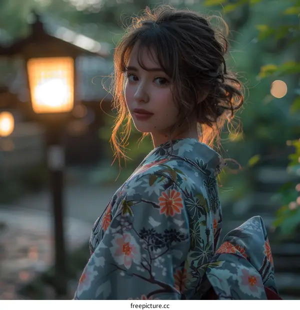 Asian Woman in Kimono at Dusk