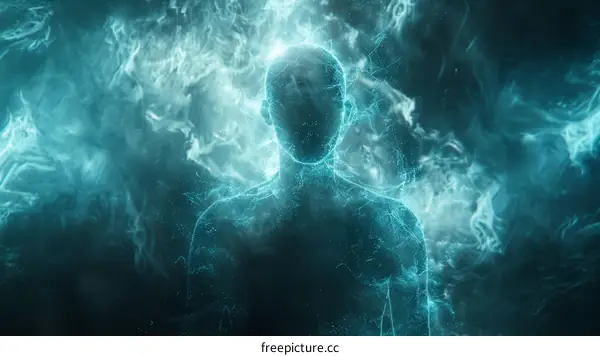Blue translucent human figure in front of a blue smoke background