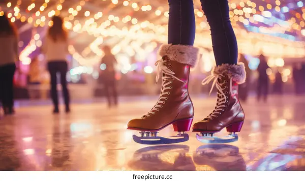 feet in ice skates on an ice rink with blurred background of people skating