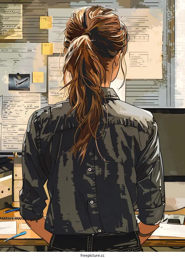 woman looking at a wall full of papers