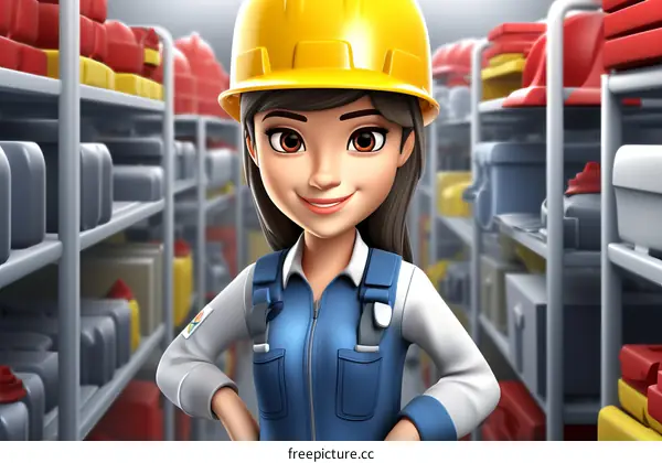 A female construction worker wearing a hard hat and blue overalls smiles at the camera.
