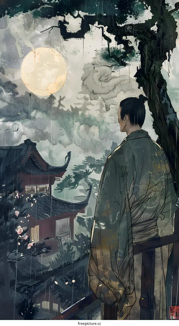 Rainy Night in a Traditional Japanese Garden