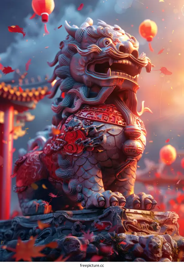 Stone Lion Statue with Red Lanterns and Autumn Leaves