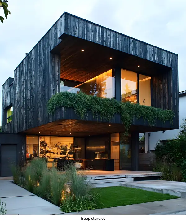 Modern Black Wooden House with Green Plants