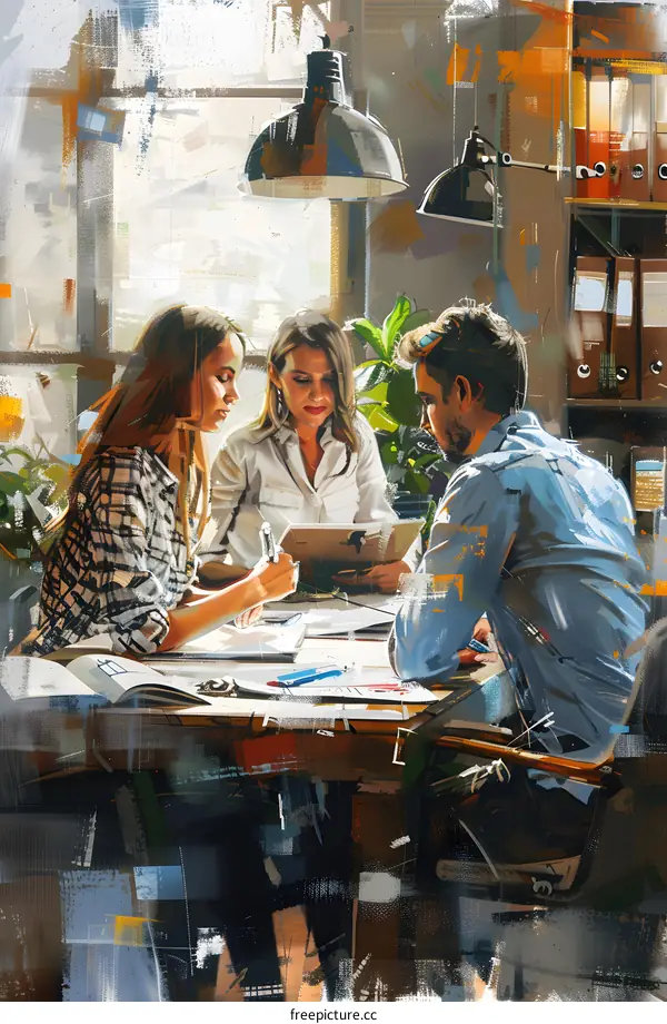 Three business professionals having a meeting in an office