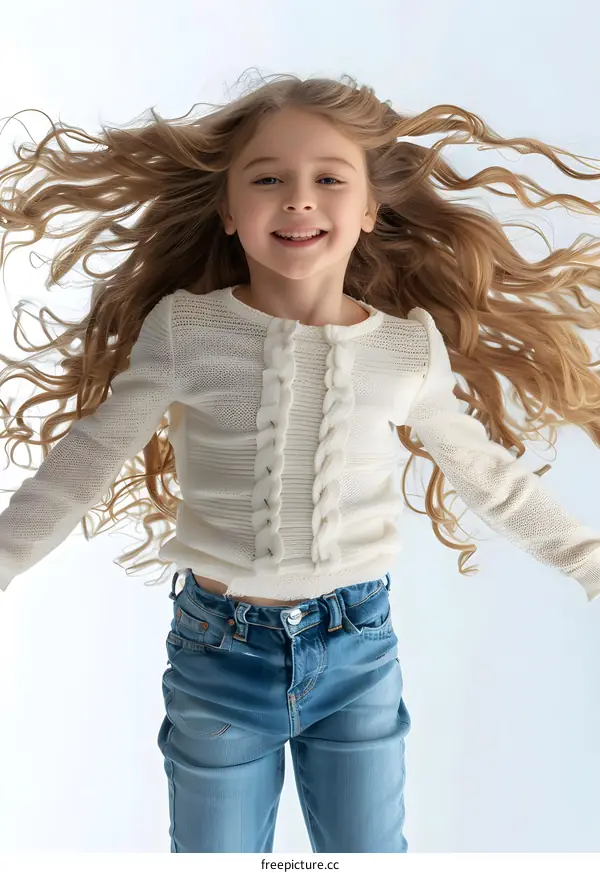 Little Girl with Long Blonde Hair in White Sweater and Blue Jeans