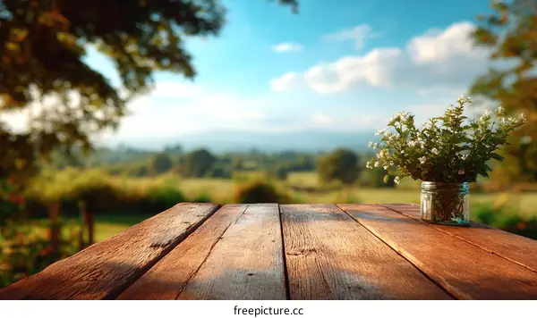 Rustic Wooden Tabletop with Scenic Countryside View