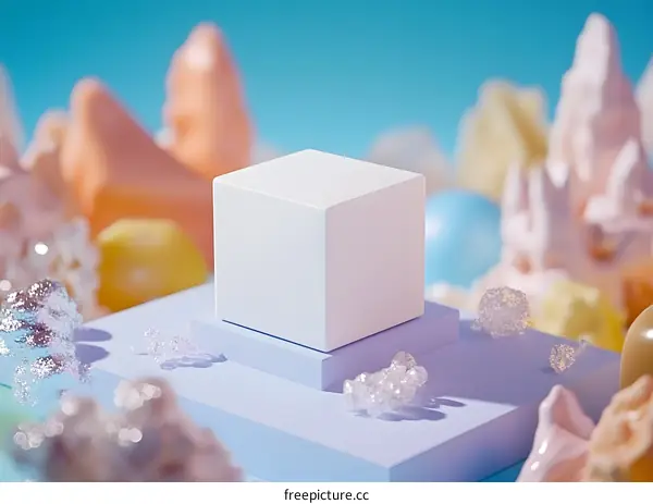 White Cube Mockup on Pastel Blue Platform with Abstract Shapes in the Background