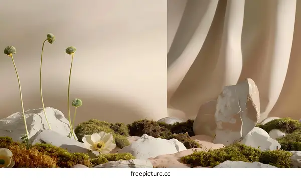 Minimalist Nature Still Life with Rocks, Moss, and Flowers