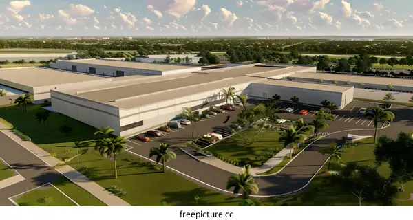 Aerial View of Modern Industrial Building with Parking Lot and Palm Trees