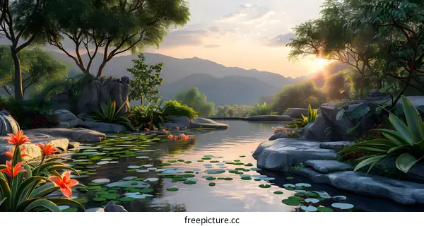 Fantasy landscape with mountains, rocks, and a pond
