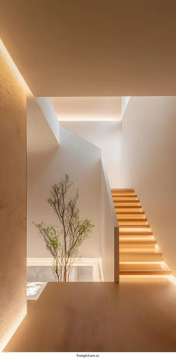 Modern Minimalist Interior Design with Wooden Staircase and Green Plant