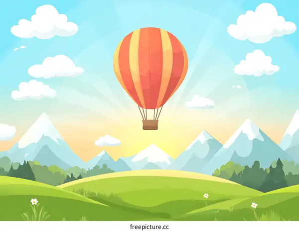 Hot Air Balloon Flying Over Green Field and Mountain